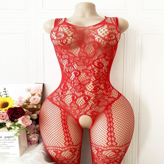 Red Jacquard Fishnet Bodysuit with Openwork Crotch Design, Sexy Lingerie for Women, Open-crotch Uniform Tights, Halter Stockings, Sheer Bodysuit Accentuate Your Attractive Body Curves