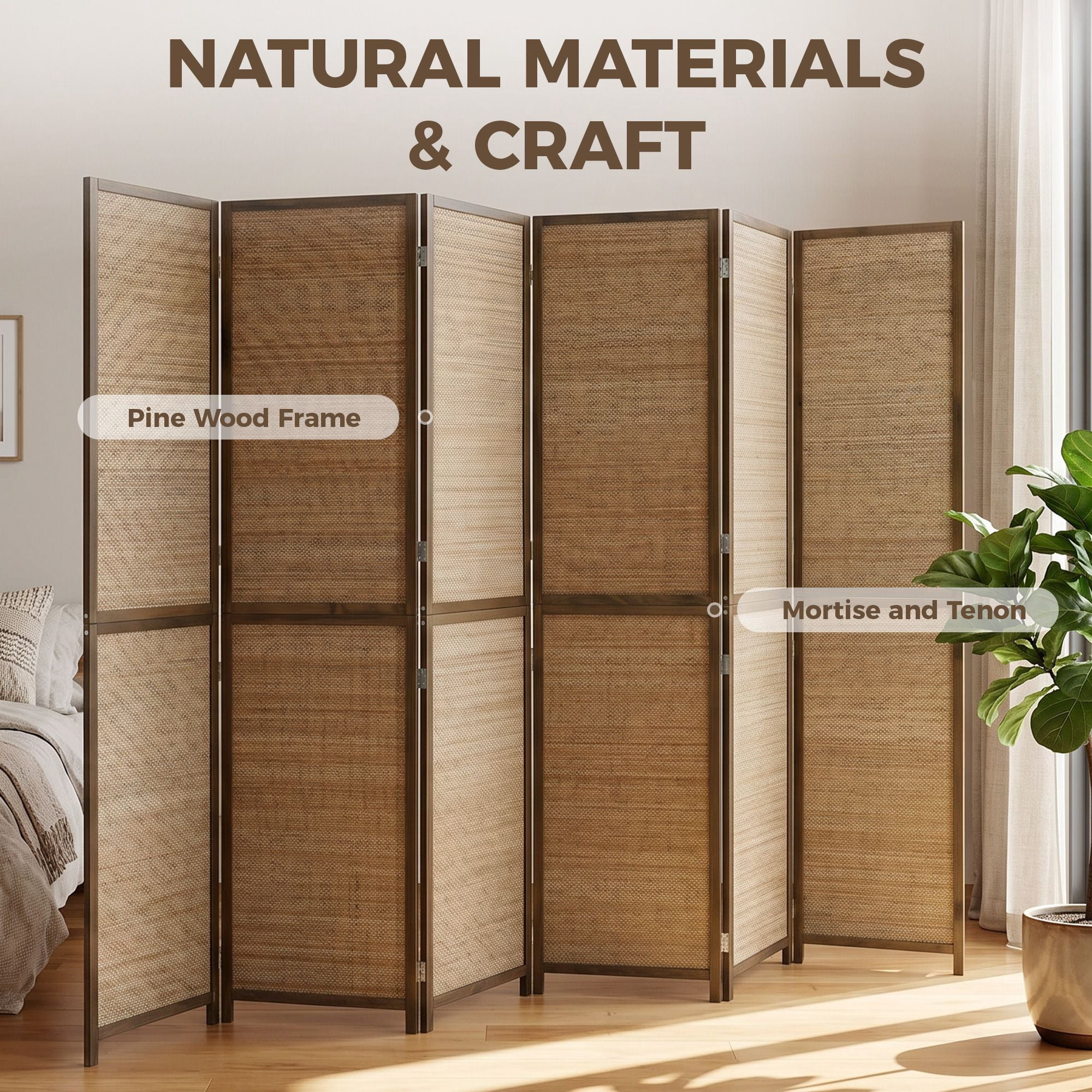 Alvantor 6 Panel Room Divider 6ft Hand-Woven Bamboo Privacy Screen for Porch Living Room Dorm Brown