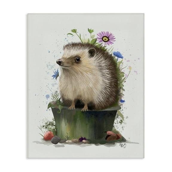 Stupell Industries Hedgehog in Gardening Pot Animals & Insects Painting Gallery Wrapped Canvas Art Print Wall Art, 16 x 20