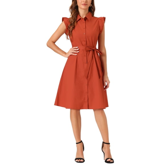 INSPIRE CHIC Women's Shirt Dress Cap Sleeves Point Collar Tie Waist Button Mid Dresses L Burnt Orange
