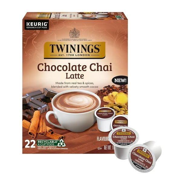 NEW Twinings Chocolate Chai Latte Tea K-Cup Pods for Keurig, Velvety Smooth Cocoa with Real Spiced Tea, Caffeinated, Enjoy Hot or Iced - 22 Count