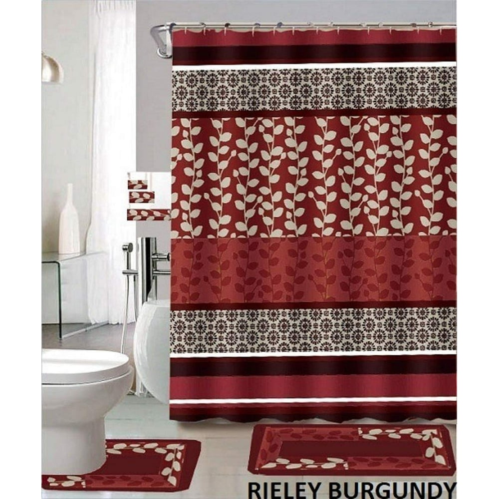Riely 18-Piece Bathroom Set: 2-Rugs/mats, 1-Fabric Shower Curtain, 12 ...