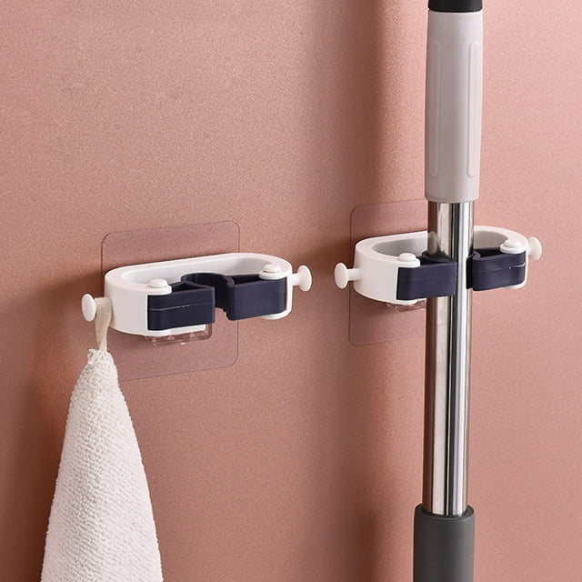 Soporte de pared para trapeador | Gancho de cuerno de vaca sin perforar | Clip de silicona resistente | Organizador de baño multifuncional | Instalación adhesiva para trapeadores y toallas