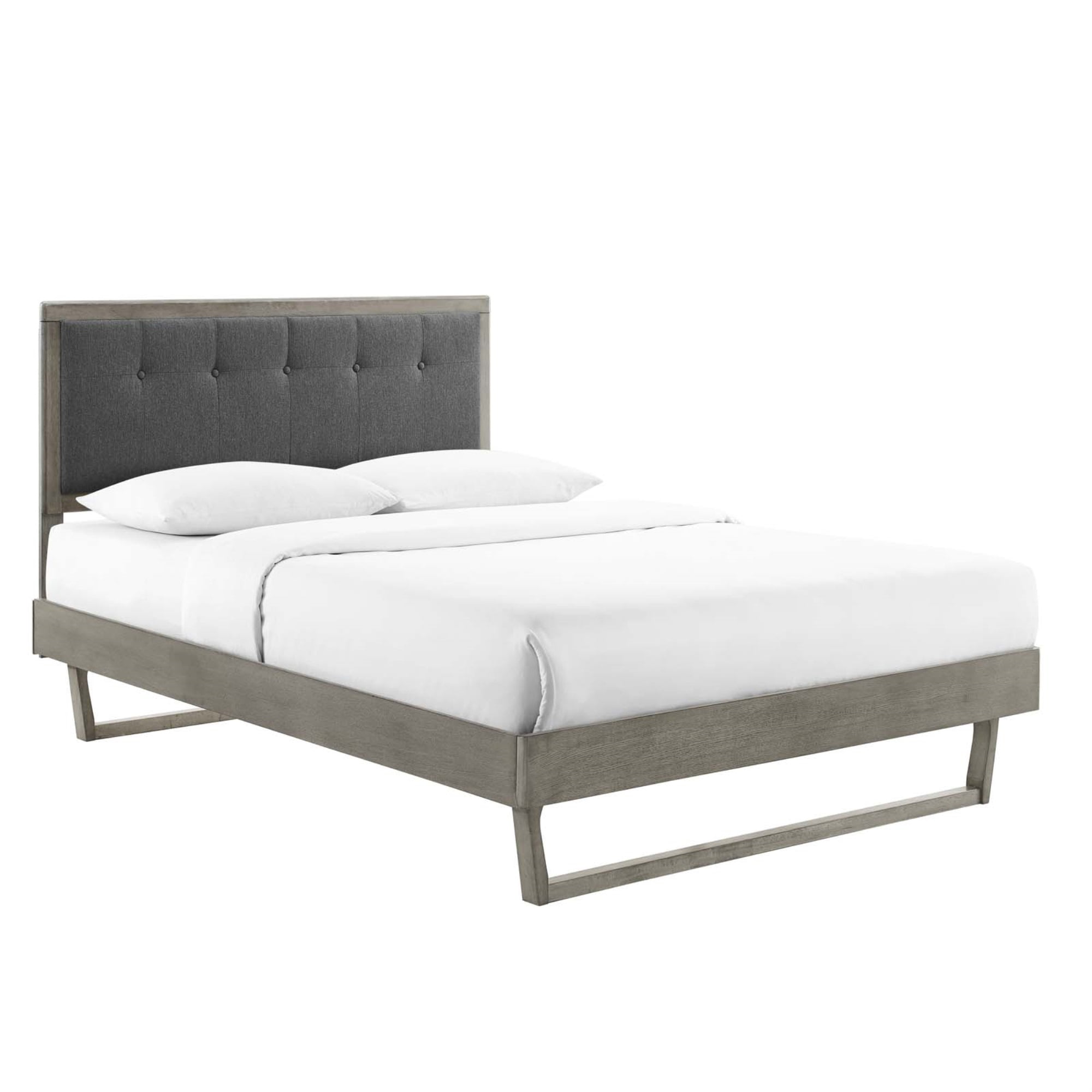 Charcoal Gray Full Platform Bed with Tufted Wood Frame and Slat Support