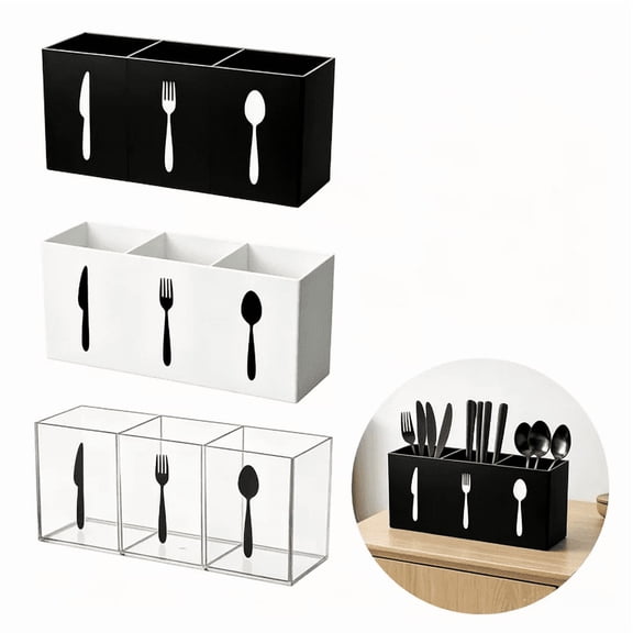 Cutlery Organizer 3-Compartment Countertop Rack,Modern Flatware Tray with Labeled Sections,Compact for Kitchen Drawer Cabinet Dining Room Black