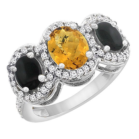 14K White Gold Natural Whisky Quartz & Black Onyx 3-Stone Ring Oval Diamond Accent, size 5