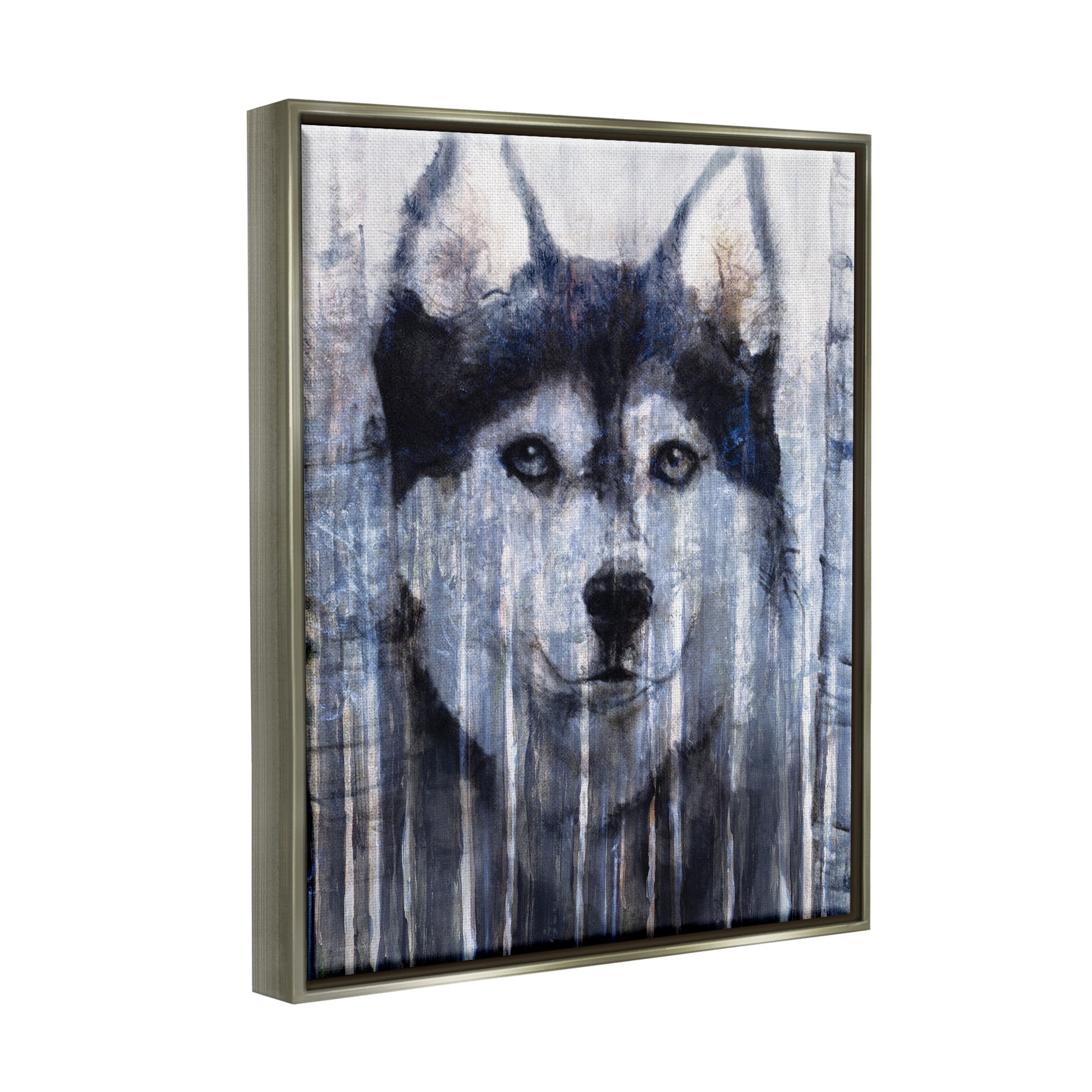 Stupell Industries Smiling Husky Dog Rustic Birch Tree Overlay Graphic Art Luster Gray Floating Framed Canvas Print Wall Art, Design by Kamdon Kreations
