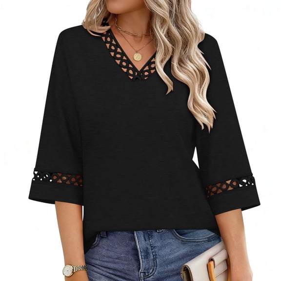 ClodeEU Women's Lace Trim V Neck Bell Sleeve 3/4 Sleeve Blouse,Solid Color Casual Loose Top Black,Women's Plus L