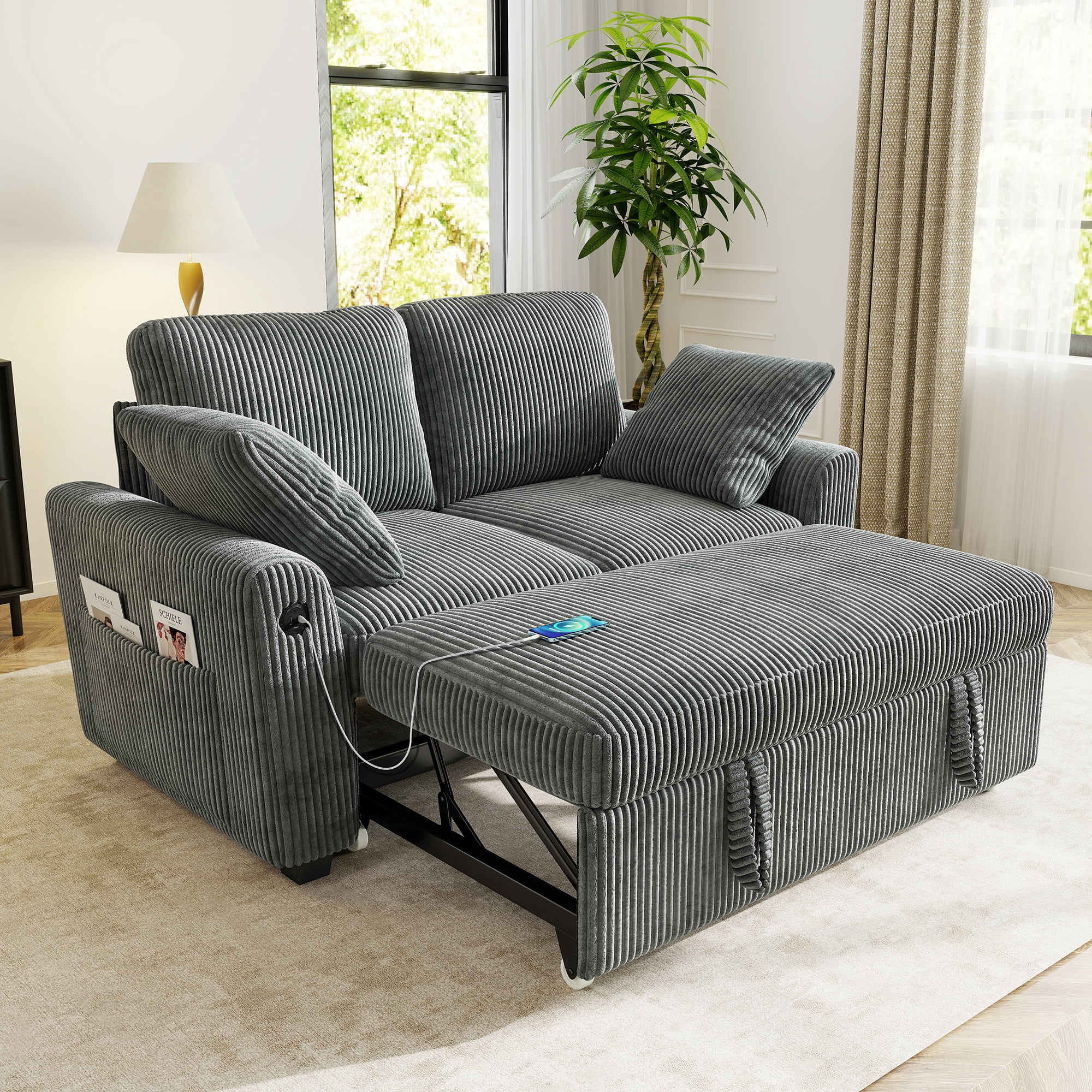 BedLuxury 59" Loveseat With Pull Out Bed, Sleeper Sofa Bed With USB Charging & Side Storage for Small Spaces, Corduroy Gray
