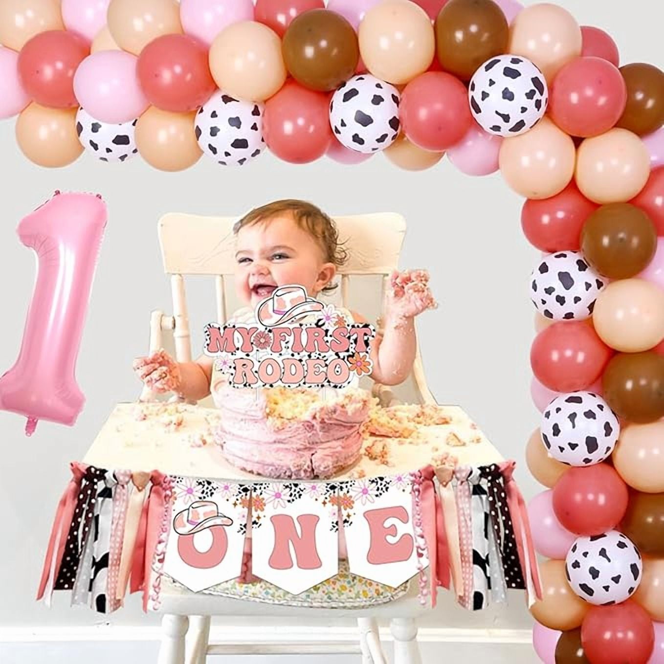 My First Rodeo Birthday decor Pink for Girls Western Cowgirl 1st Birthday High Chair Banner Groovy Monthly Photo Banner Cake Topper Balloon Garland Arch Kit for Girls 1st Birthday Party Supplies