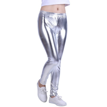 HDE Girls Shiny Wet Look Leggings Kids Liquid Metallic Footless Tights (Silver,