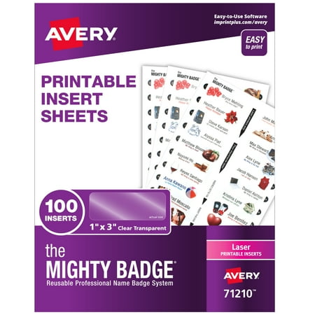 UPC: 0077711712102 | The Mighty Badge by Avery Printable Insert Sheets  1  x 3  ID Badges  100 Clear Inserts (5 Sheets) for Laser Printers (71210)