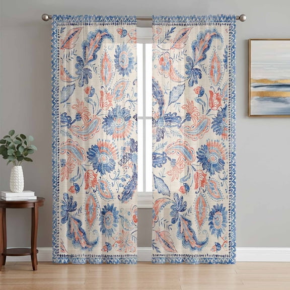 Blue Red Ethnic Sheer Curtains 72 Inch Length 2 Panels Set, Vintage Modern Geometric Abstract Art Voile Window Treatment Rod Pocket Curtains Sheers Drapes for Bedroom/Living Room/Kitchen 52"x72"x2
