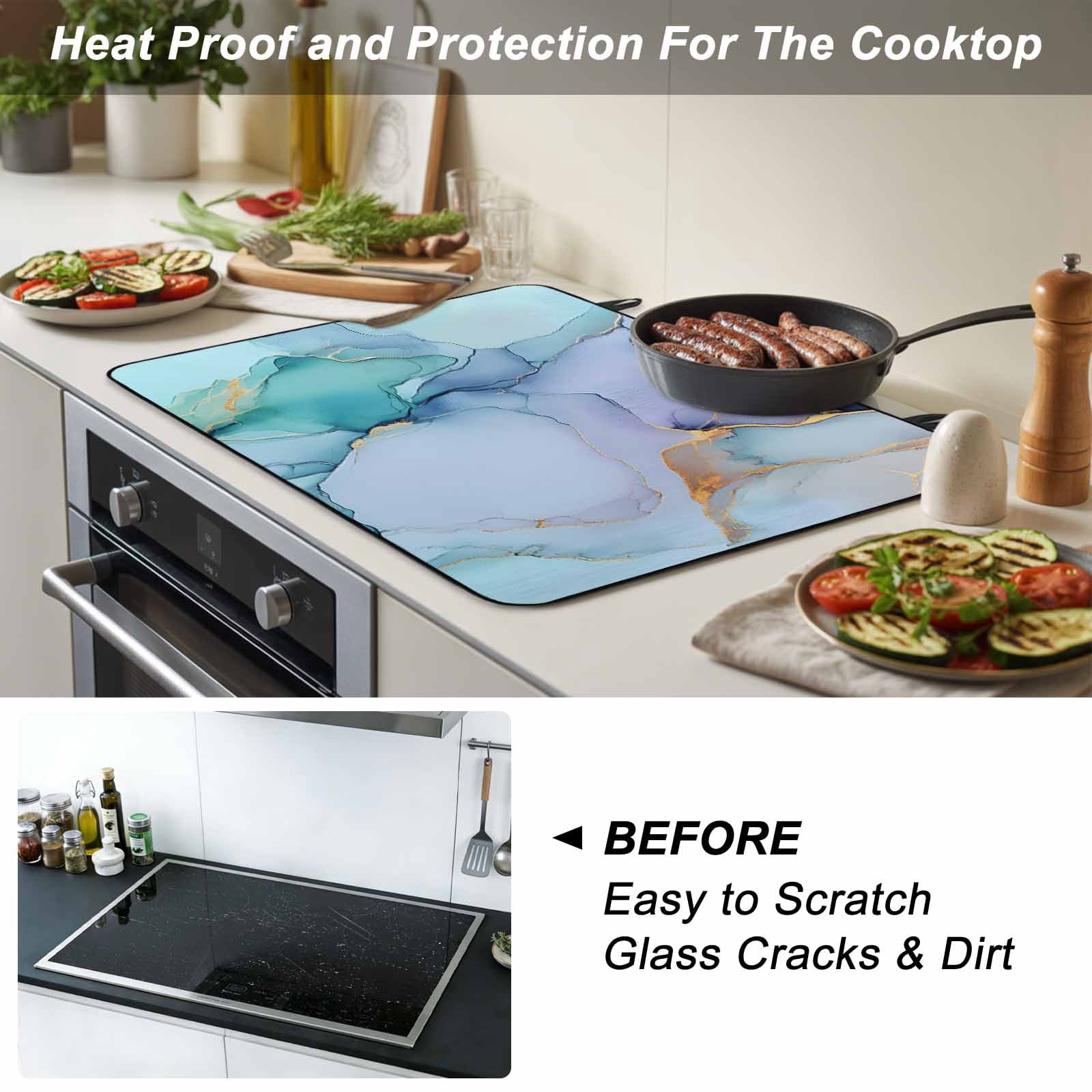 Teal Stove Top Cover for Electric Stove, Heat-proof & Non Slip Glass Top Stove Cover Protector, Abstract Modern Marble Ink Painting Art Kitchen Flat Cooktop Rubber Mat 24x21 Inches
