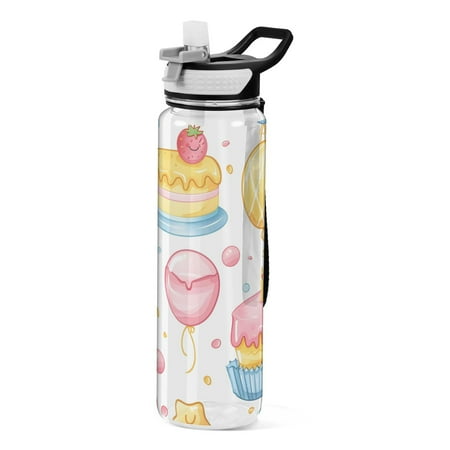 

Cartoon Balloons Cakes Stars Transparent Sports Water Bottle with Straw BPA Free Tritan 32oz for Gym Camping