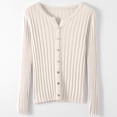 thumbnail image 2 of Women's Solid Color Ribbed Slim Fit Button Front Long Sleeve Knit Cardigan Sweater, Lightweight Rib-Knit Slimming Soft Comfy Versatile Outerwear Top for Casual Daily Wear Beige, 2 of 3