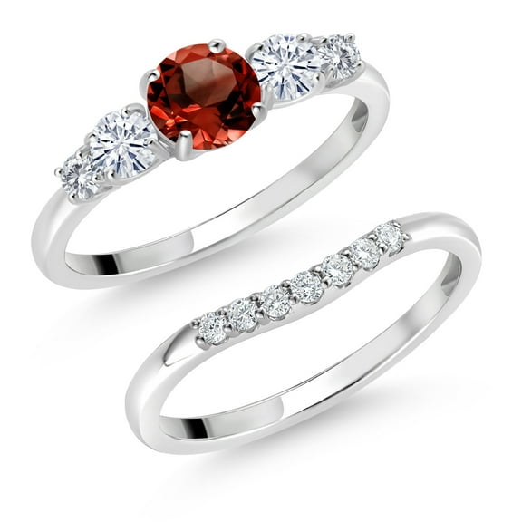 Gem Stone King 10K White Gold Red Garnet White Moissanite and White Lab Grown Diamond 5 Stone Bridal Engagement Wedding Ring Set for Women (1.31 Cttw, Round: 5MM and 3MM, Size 6)