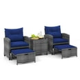 thumbnail image 1 of Gymax 5 PCS Rattan Furniture w/ 2 Ottomans & Tempered Glass Coffee Table Patio Navy, 1 of 4