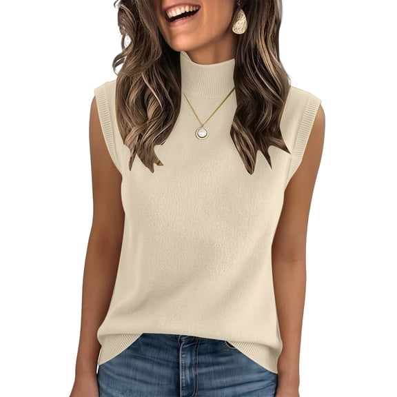 Sleeveless Knit Mock Neck Sweater Top for Women Casual Pullover Ribbed Hem Lightweight Soft Fabric Relaxed Fit Beige L