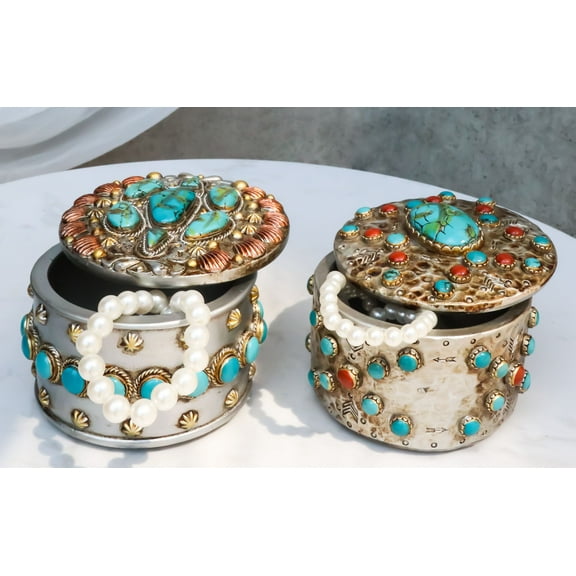 Set Of 2 Southwest Rustic Turquoise Red Rocks And Stones Vintage Trinket Boxes