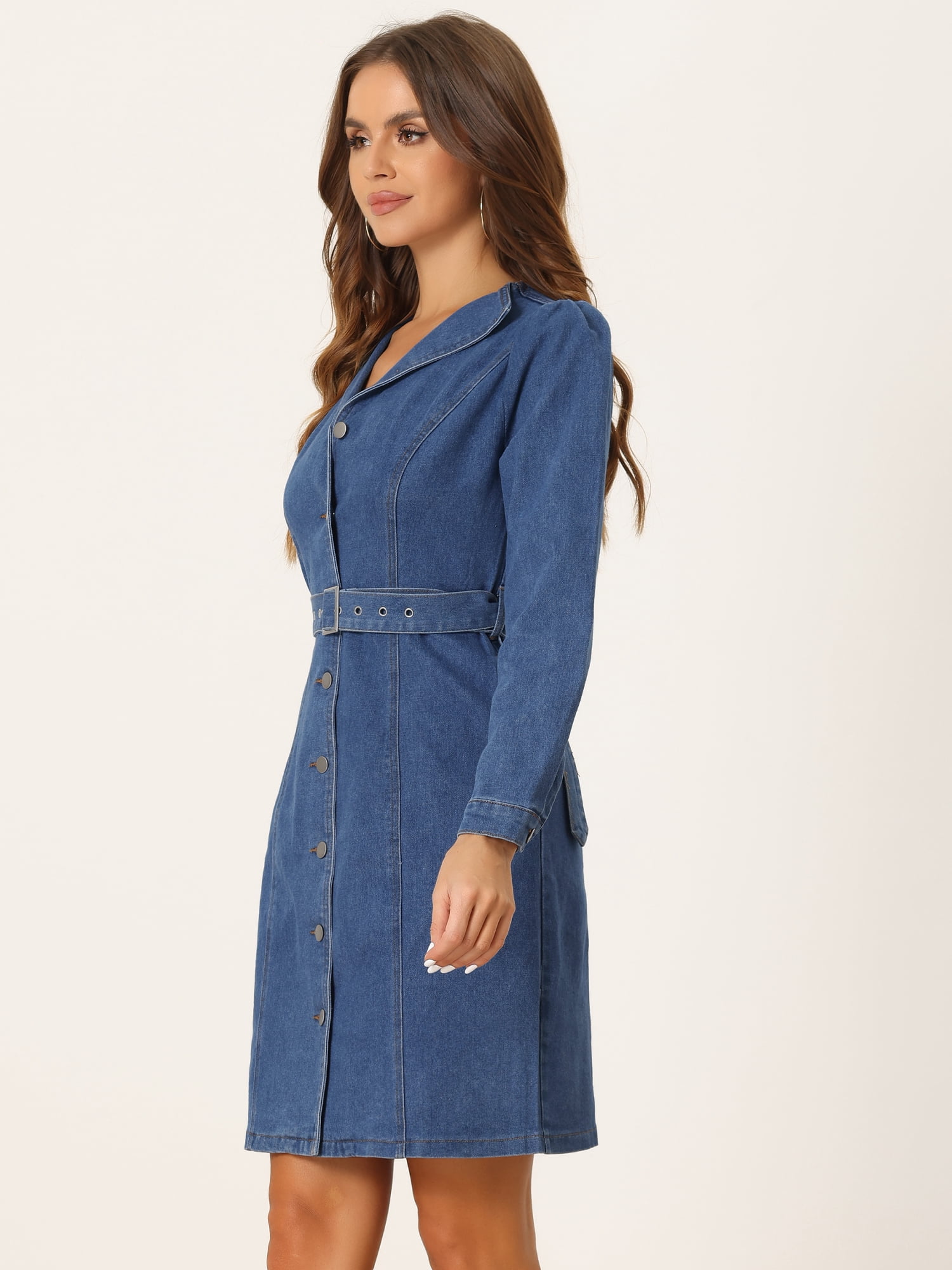 DARING DIVA Denim Dress Notched Lapel Button Down Dress XS Blue