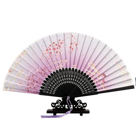 

Ancient Floral Print Folding Fan for Dancing Cosplay Decor Chinese Style with Bamboo Frame & Elegant Tassel Handheld Fan
