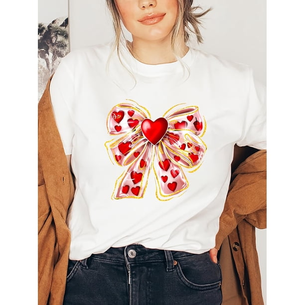 Valentine'S Day heart-shaped seductive bow Graphic Print T-shirt, Short Sleeve Crew Neck Casual Top For Summer & Spring, Women'S Clothing