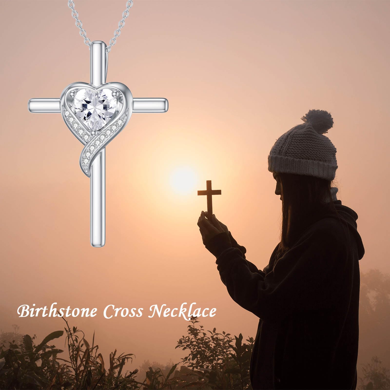 WINNICACA April Birthstone Diamond Cross Necklace for Women 925 Sterling Silver Heart Cross Pendant Necklace Birthday Valentines Mothers Day Jewelry Gifts for Women