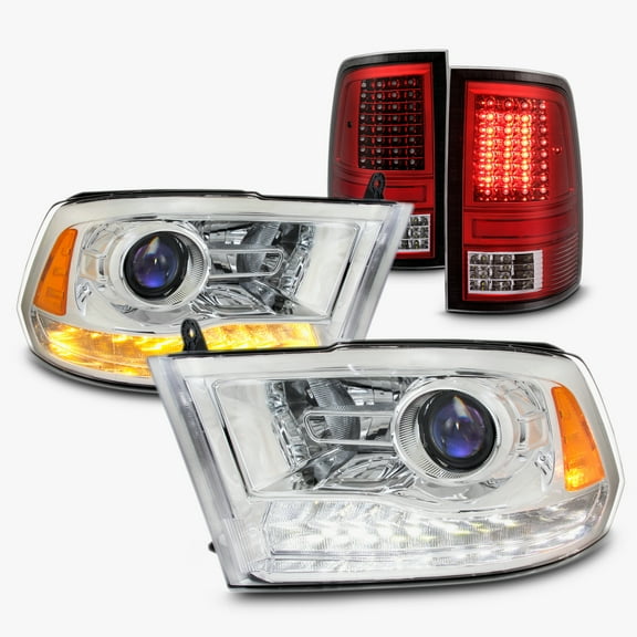 AKKON - Fit Dodge Ram 09-18 Upgrade LED Chrome Clear Headlights With LED Red Housing Tail Lights Lamps - Pair