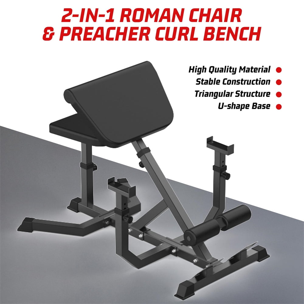 2-In-1 Roman Chair & Preacher Curl Bench Multi-Function Heavy-Duty Hyperextension Bench for Arms, Ab, Back, Glute & Leg Extension with Adjustable Height Exercise Equipment