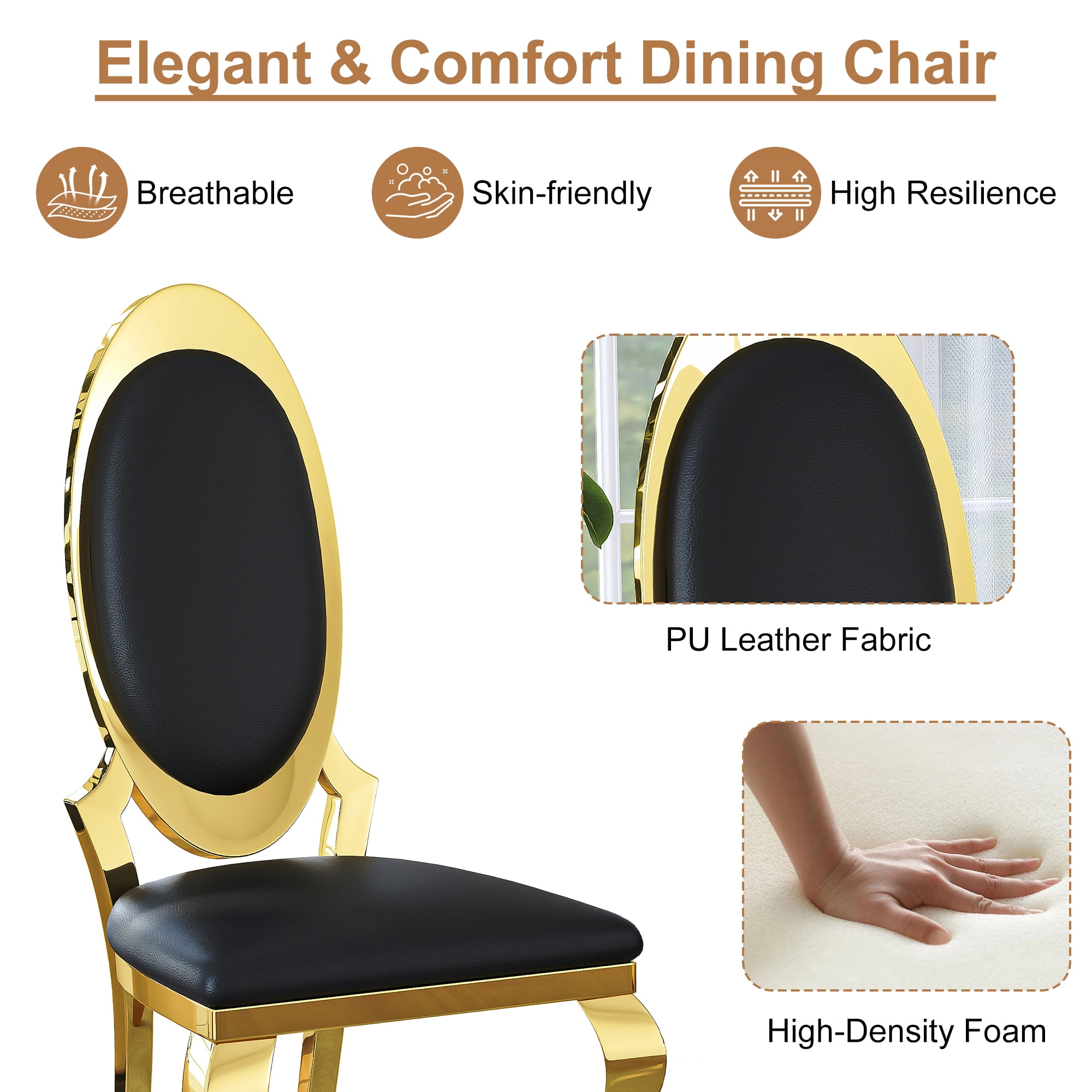 Luxury Dining Chairs Set of 4, Oval Back PU Upholstered Chairs with Stainless Steel Cabriole Legs, Dining Chairs for Kitchen, Living Room, Office