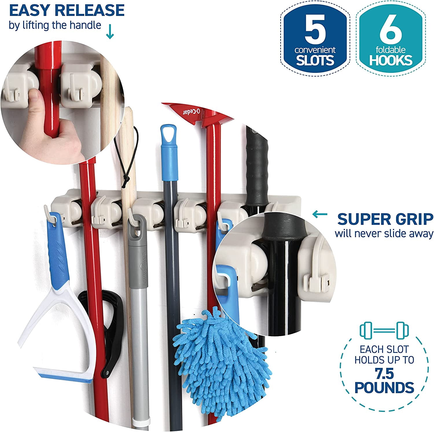 Mop and Broom Holder Wall Mount 2 Pack - Garage Storage Organizer with 5 Slots, 6 Hooks, 7.5lbs Capacity Per Slot - Home, Kitchen, Closet, Laundry Room Organization – Off-White Broom Hanger