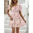 thumbnail image 2 of Square Neck Womens Boho Floral Smocked Short Sleeve Ruffle Beach Summer Mini Dress, 2 of 7