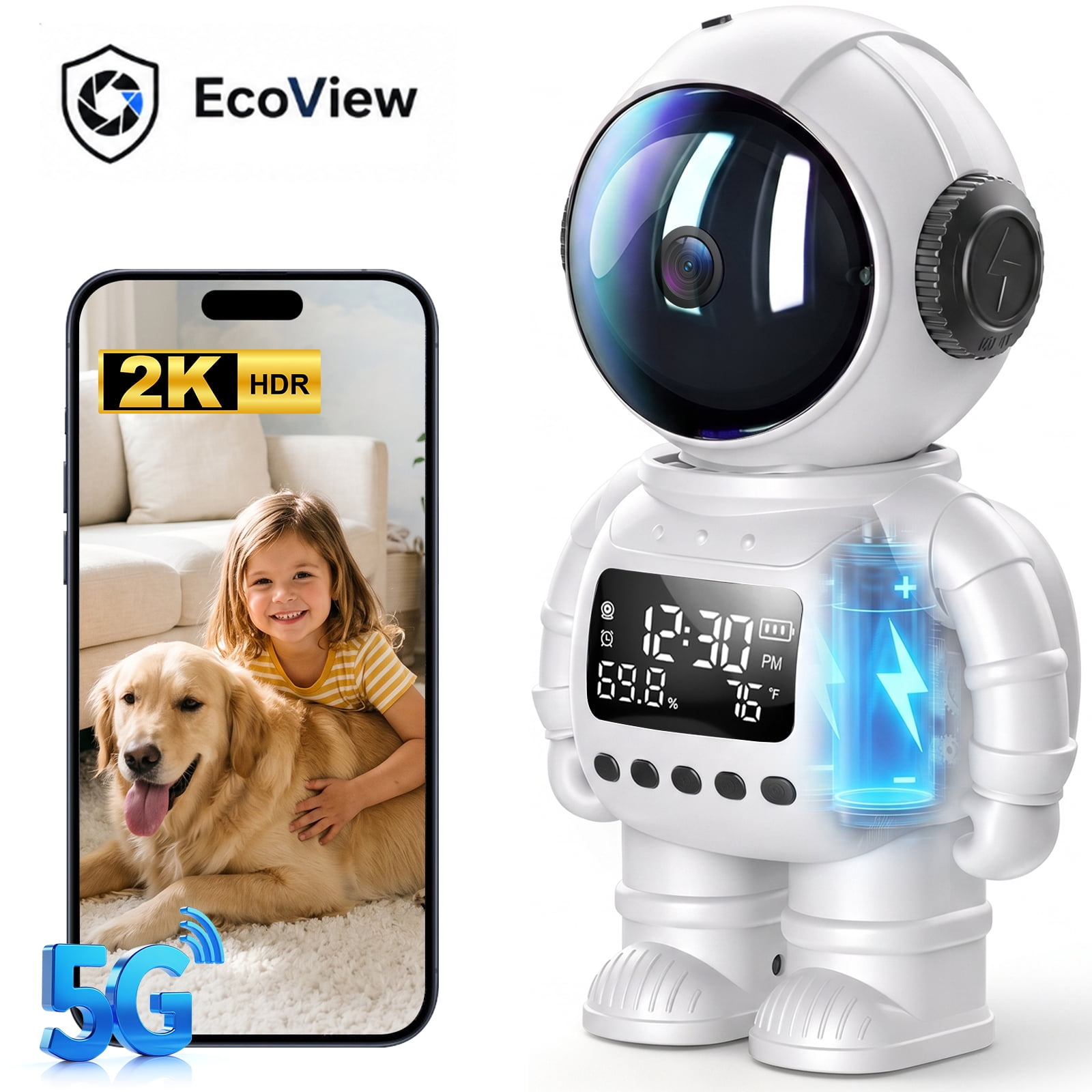 EcoView 3-in-1 Smart Astronaut Clock Camera, 2K Indoor Security Camera with Temperature & Humidity Monitor, Dual-Band 2.4GHz/5GHz WiFi, Night Vision, Motion Detection, Pet & Baby Monitor