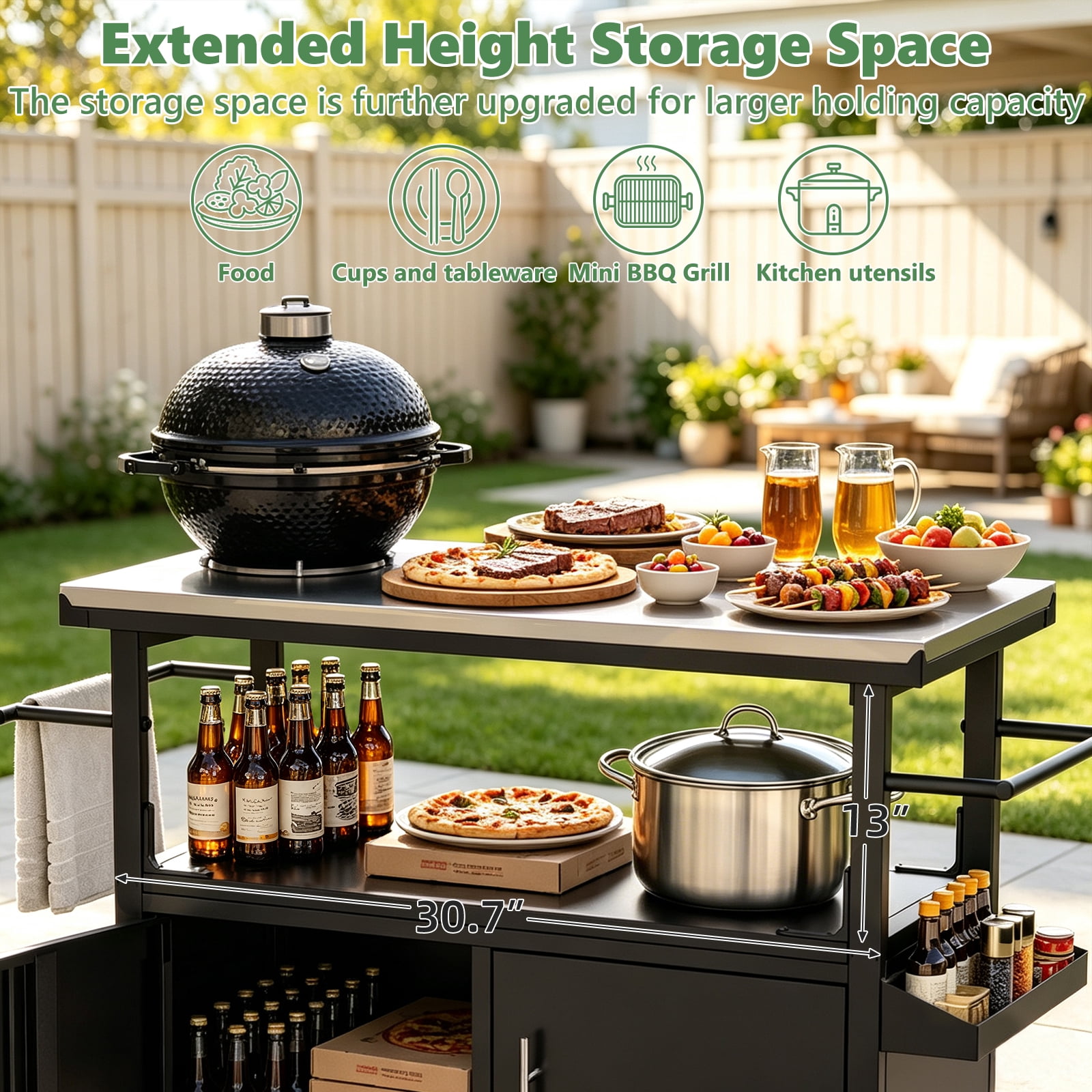 Outdoor Grill Cart with Patio Furniture, Outdoor Grill Table with Storage, Rolling Bar Cart Outdoor BBQ Cart with Towel Rack and Spice Rack for Grilling Accessories
