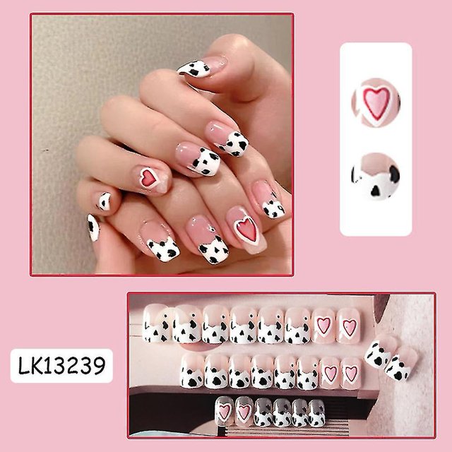 24pcs clavos largos, estampado de vaca, uñas artificiales cubiertas en francés