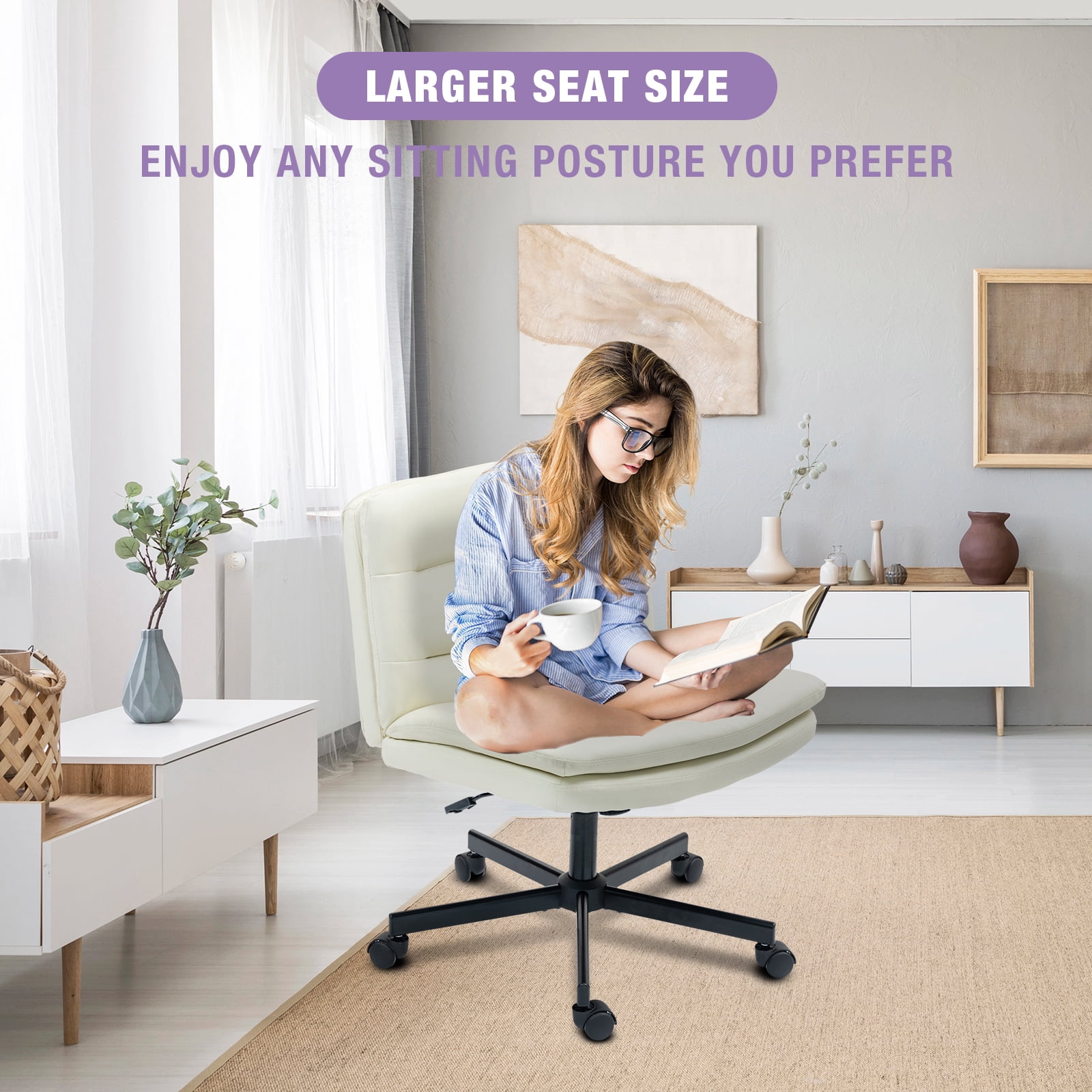 Criss Cross Legged Chair Ergonomic Home Office Desks Chair with Casters, Armless Wide Comfy Vanity Desk Seat Swivel Rolling Computer Chair, Adjustable Height, Rocking Function, Beige
