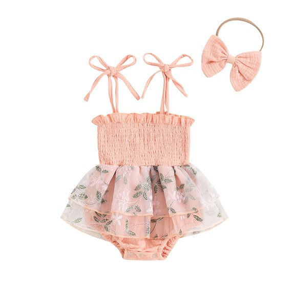 Aojekbee Baby Girls Summer Romper Dress Sleeveless Floral Embroidery Tulle Romper with Headband