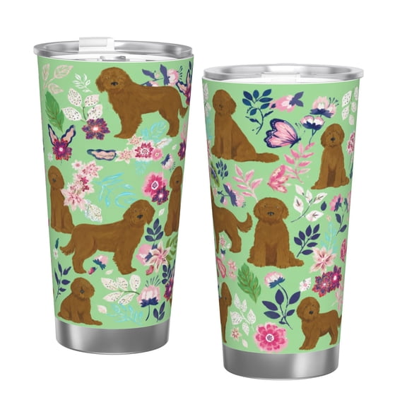 20oz Brown Doodle Dog Tumbler with Handle and Straw Floral Puppy Stainless Steel Insulated Travel Coffee Cup Gift with Single Silver Rim