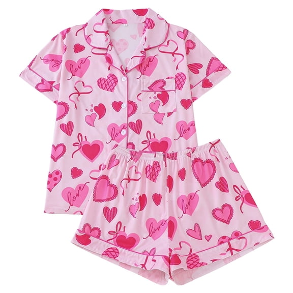 JIKNTTR Womens Short Sleeve Pajamas Valentine's Day Heart Print Pajama Sets Button Down Sleepwear Comfortable Loungewear Outfits Soft Sleepwear for Women