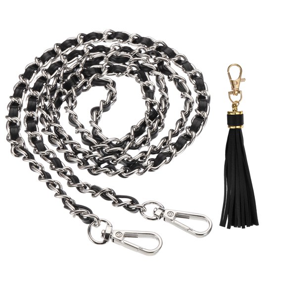Uxcell Purse Chain Strap, 47 Inch Leather Chain Straps Purse Strap Replacement Flat Chain Strap with Tassel for Crossbody Bag Handbag Woman, Black/Silver
