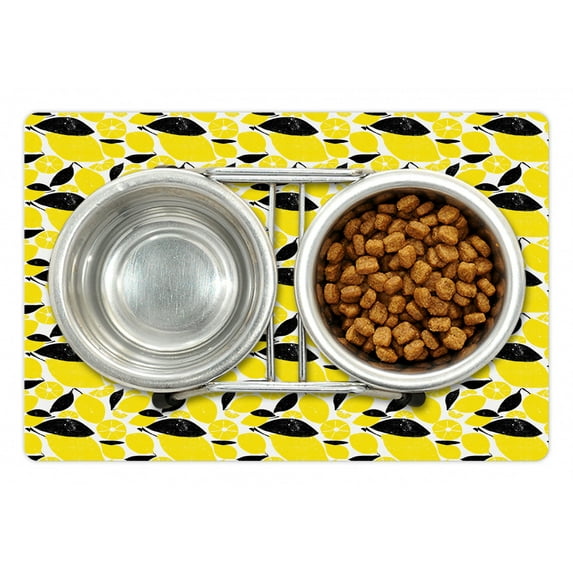 Lemons Pet Mat for Food and Water, Summer Breeze Sketched Yellow Lemon and Skinless Half Slices, Non-Slip Rubber Mat for Dogs and Cats, 18" X 12", by Ambesonne