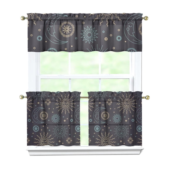 Kitchen Curtains 24 Inch Short - 3 Panel Set, Gothic Celestial Sun and Moon Print, Mystical Starry Night Astrology Aesthetic, Rod Pocket Window Curtain, Easy Wash
