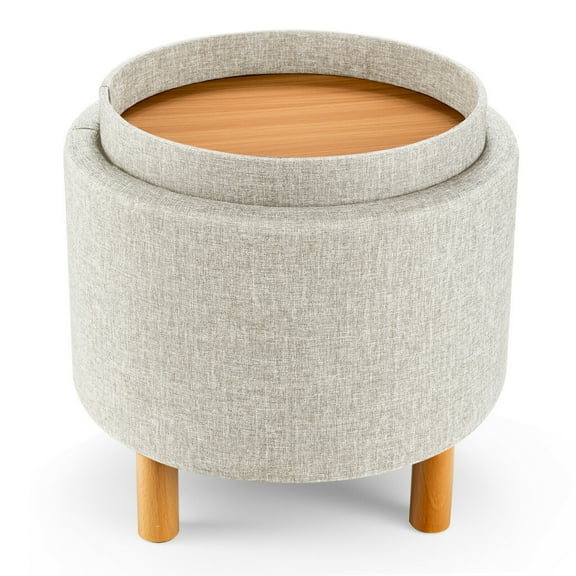 Gymax Round Storage Ottoman w/Tray Top Accent Padded Footrest w/Wood Legs Beige