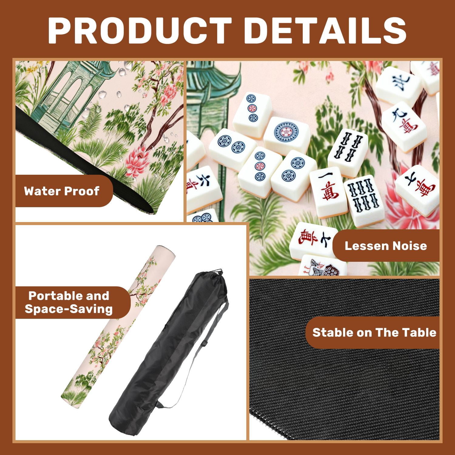 Mahjong Mat 31.5" x 31.5" Beautiful exotic chinoiserie seamless Hand drawn vintage Non-Slip Noise Reduction American Mahjong Tiles Table Cover for Dominoes Poker Card Board Games Gift