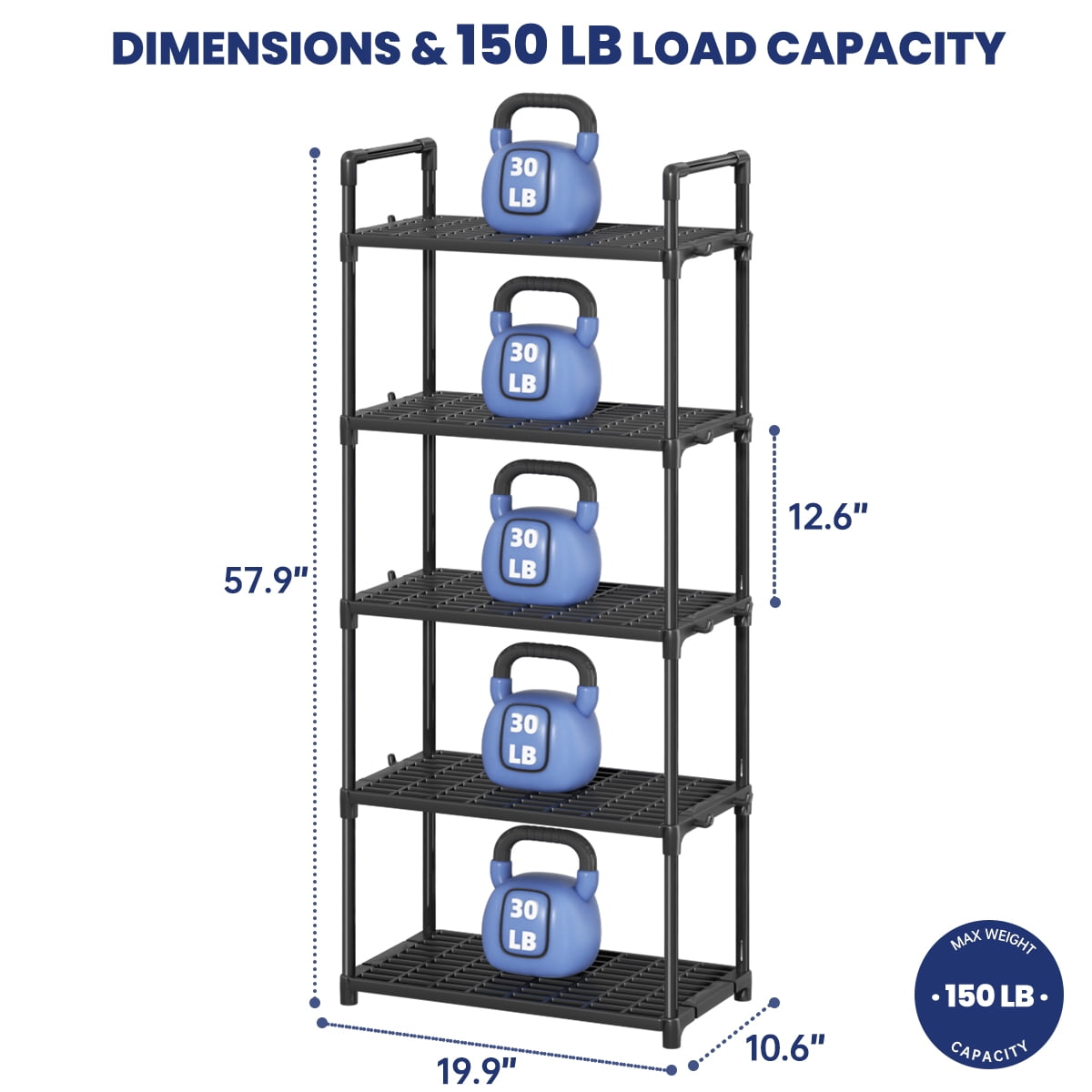 GPED 5-Tier Plastic Storage Shelves, 57" Garage Rack Storage Organizer, Multipurpose Shelf for Home, Basement, Utility Room, 10.6"D x 20"W x 57"H, Black