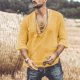 thumbnail image 5 of Designer Spring Summer Men's Casual Cotton Linen Solid Color Long Sleeve Shirts Loose Stand Collar Shirts XL, 5 of 5