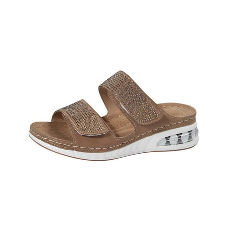 

CHOII Women s Solid Color Elevated Air Cushion Wedge Casual Beach Shoes Velcro Thong Sandals for Ladies Anti-slip Sole Slide Slipper for Girl Women s Orthopedic Sandals Clearance! Brown/9
