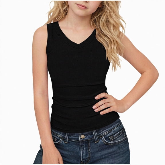 xaweyi Girls V Neck Tank Tops Ribbed Knit Slim Fit Tees Tanks Summer Sleeveless Basic Shirt Going Out Top Clothes,Sizes 5-6 Years