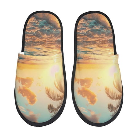 

Honeii Tropical Sunset Beach Scene Print Furry Slippers Bedroom Slippers for Women and Men Fuzzy Plush Comfy Faux Fur Lined Slide Shoes -Medium